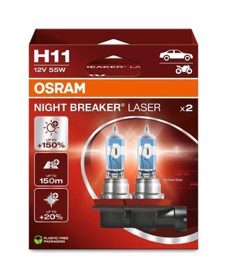 Лампа (Набір 2шт) H11 12В 55Вт PGJ 19-2 (EN) up to 150% greater brightness (EN) up to 150m light beam (EN) up to 20% whiter light Night Breaker Laser, Білий 64211NL2HB фото