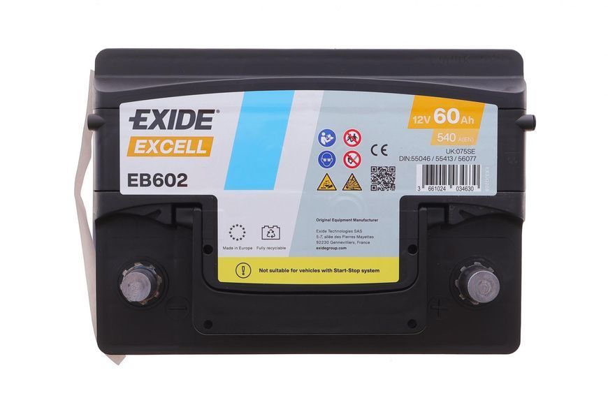 Аккумуляторная батарея 60Ah/540A (242x175x175/+R/B13) Excell EB602 фото